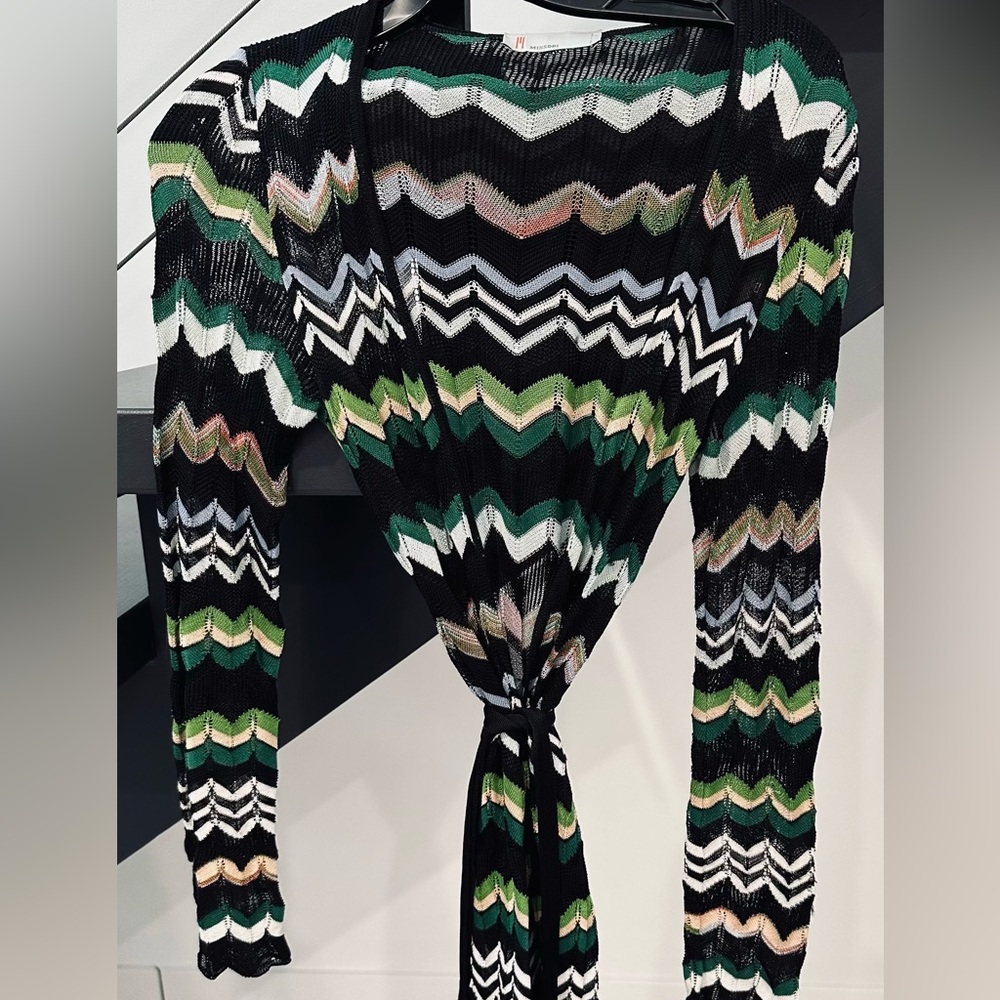 Missoni multi-color light weight zigzag Long Sleeve Open Front Tie Cardigan